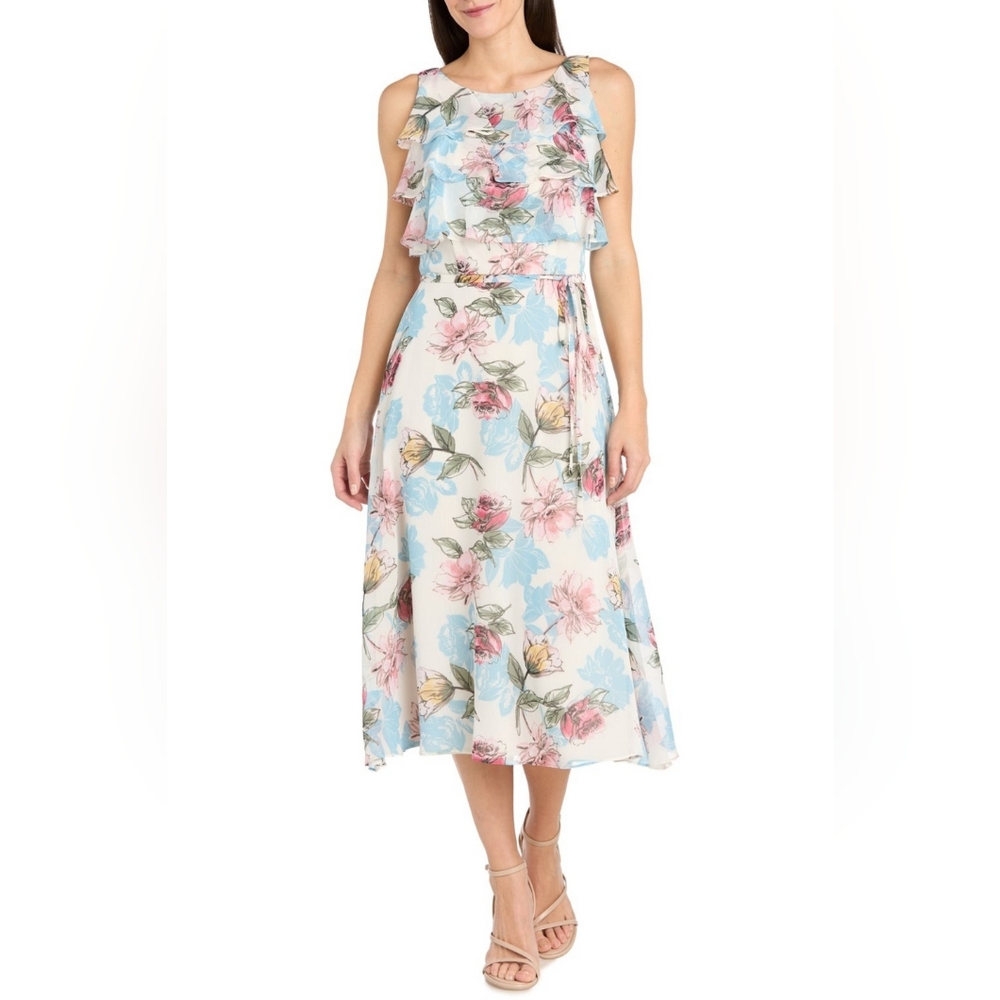 RM Richards Ivory Denim Flower Print Midi Dress 3462